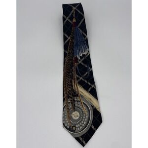Mens Fly Fishing Tie Silk Necktie Reel Plaid Pattern Navy Blue Indian Navaho Vtg